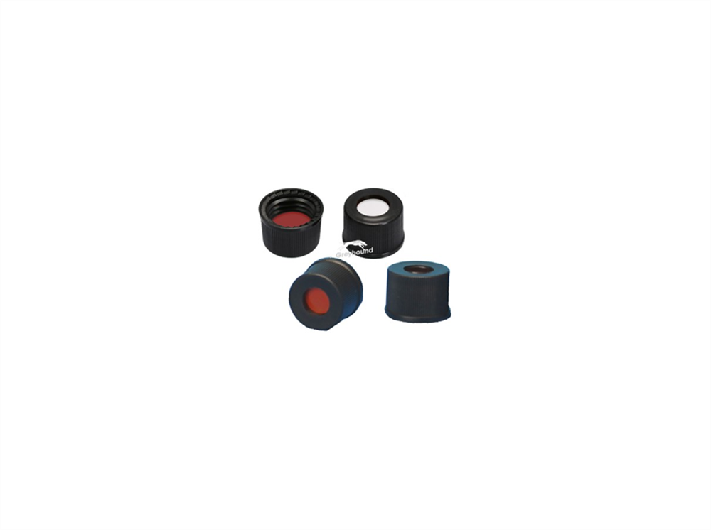 Picture of 10-425 Open Hole Screw Cap, Black Polypropylene with Bonded Red PTFE/White Silicone Septa, 1mm, Pre-Slit